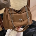Dark brown large capacity tote bag in lychee pattern PU leather with chain strap - Brown
