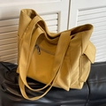 Large yellow canvas tote bag with front zipper pocket and side flap compartment - Yellow