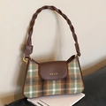 Bolso de hombro a cuadros marrones con asa tejida y letras doradas de estilo vintage - Cuadros Verdes