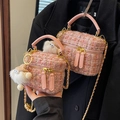 Pink tweed crossbody bag with gold chain strap and fluffy white plush charm - Pink Large With Pendant