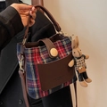 Classic red and blue plaid bucket bag with brown leather trim and cute rabbit charm - Red Checkered With Pendant