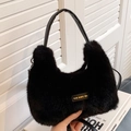 Chic black plush faux fur handbag with leather handle and love every day embroidery - Black