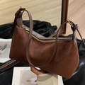 Vintage brown suede underarm bag with adjustable leather strap and golden hardware - Brown