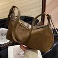 Deep khaki matte suede underarm bag with smooth leather trim and golden metal hardware - Green
