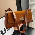 Brown leather and suede patchwork underarm bag with a golden metal buckle for women - Brown