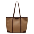 Bolso tote caqui de gran capacidad con adornos de cuero marrón y costuras blancas - Marrón Amarillento