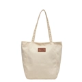 Bolso tote minimalista de lona crema con correas largas y parche de cuero marrón - Blanco Roto