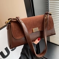 Retro dark brown shoulder bag in matte faux leather and suede with gold buckle - Brown