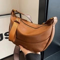 Brown faux leather half moon crossbody bag with patterned wide strap and gold hardware - Brown