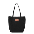 Bolso tote de lona negra de gran capacidad para mujer con elegante parche de cuero marrón - Negro