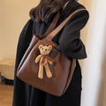 Dark brown leather bucket bag with litchi texture and cute bear charm pendant - Coffee without Pendant