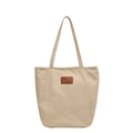 Bolso tote minimalista de lona beige con parche de cuero marrón y correas largas de hombro - Caqui