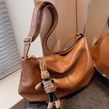 Brown large capacity pleated hobo bag in PU leather with a cute rabbit plush charm - With Pendant / Brown