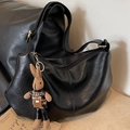 Black slouchy crossbody bag with natural wrinkles and a cute plush rabbit pendant - With Pendant / Black