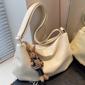 Large capacity cream white pleated hobo bag with cute rabbit pendant and gold hardware - With Pendant / White