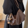 Dark brown pleated dumpling shoulder bag with a cute plaid bunny charm detail - No Pendant / Brown