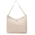 Minimalistische beige emmertas van leer met litchi-patroon en gouden kettingriem - Licht kaki