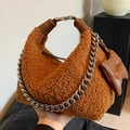 Brown teddy fleece crescent handbag with chunky silver chain and bow detail - Brown