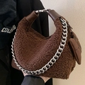 Brown faux shearling teddy bag with silver chain and leather bow accessory - Brown