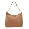 Grand sac cabas marron avec texture litchi et bandoulière en chaîne dorée - Marron