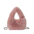 Pink plush faux fur shoulder bag with silver chain strap and decorative pearls - Pink