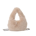 Apricot plush shoulder bag with pearl metal chain for minimalist winter fashion - Khaki