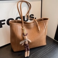 Brown large capacity tote bag in lychee texture leather with a cute rabbit pendant accessory - With Rabbit Pendant / Brown with Pendant