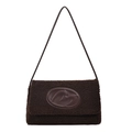 Dark brown fuzzy plush tote bag featuring an oval leather patch with an M logo - Brown