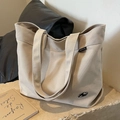 Bolso tote de lona beige minimalista con bordado de logo y correa ancha al hombro - Gris Beige
