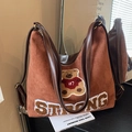 Bolso tote vintage marrón mate con bordado de oso y correa de cuero ajustable de lujo - Marrón