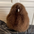 Brown faux fur plush handbag with elegant silver chain strap and fluffy carry handle - Brown