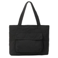 Bolso tote grande de nailon negro con bolsillo frontal con solapa para uso diario - Negro