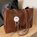 Retro dark brown large tote bag with contrast stitching and furry monster charm - Brown