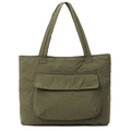 Bolso tote de nylon verde oliva con bolsillo frontal y correas anchas para el uso diario - Verde