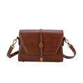 Minimalist brown PU leather crossbody square bag with vintage gold round metal buckle - Brown