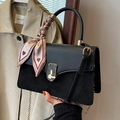 Classic black PU leather handbag with gold lock, pink silk scarf and metal chain - Black