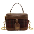 Borsa a secchiello in pelle marrone e quadri rosso-verdi con catena dorata - Quadri Rossi