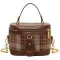 Borsa a secchiello in pelle marrone scuro con tessuto a quadri blu e catenina - Quadri Blu