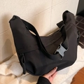 Black nylon dumpling crossbody bag with adjustable wide strap and buckle closure - Black