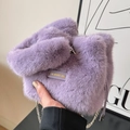 Chic purple faux fur bucket bag with gold lettering and silver chain strap - Purple