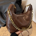 Quilted dark brown crescent bag with retro crinkled leather texture and gold chain - Brown