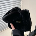 Plush black faux fur bucket bag with chain strap and embroidered love every day tag - Black