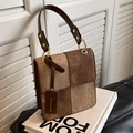 Borsa a mano alla moda in patchwork marrone e kaki con manico in pelle - Marrone