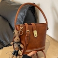 Retro brown bucket bag with fixed handle, adjustable strap and cute rabbit pendant - Black without Pendant