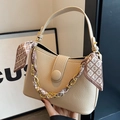 Chic cream litchi grain leather crossbody bag with gold chain and silk scarf detail - Light Khaki