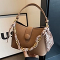 Brown lychee grain handbag with gold chain and printed silk scarf detailing - Dark Khaki