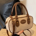 Bolso cilíndrico retro de ante beige con asas de cuero marrón y herrajes dorados lujo - Blanco Roto