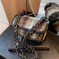 Vintage green plaid tweed chain shoulder bag with black leather trim and gold hardware - Green Plaid
