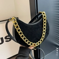 Black frosted suede moon bag with chunky gold chain detail and adjustable strap - Black
