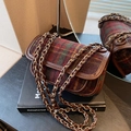 Retro plaid wool crossbody bag with brown leather trim and golden chain strap - Red Grid